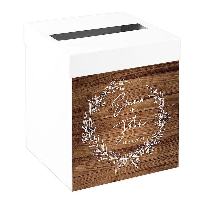 Custom Sturdy White Wedding Day Card Box-Set of 1-Andaz Press-Rustic Brown Line Wreath-