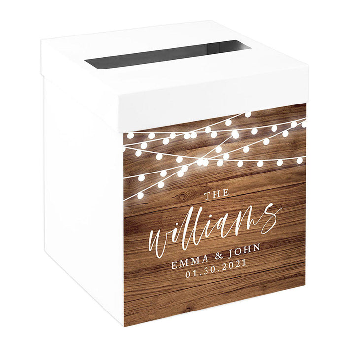 Custom Sturdy White Wedding Day Card Box-Set of 1-Andaz Press-Rustic Wood with String Lights-