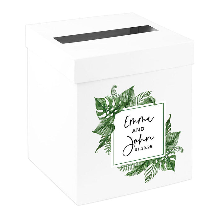 Custom Sturdy White Wedding Day Card Box-Set of 1-Andaz Press-Tropical Monstera Leaves-