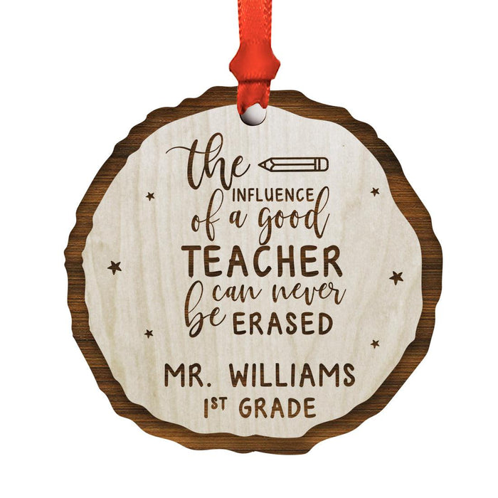 Custom Teacher's Name Engraved Real Natural Wood Christmas Ornament-Set of 1-Andaz Press-Erased Wood Slab-