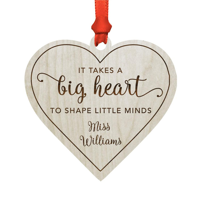 Custom Teacher's Name Engraved Real Natural Wood Christmas Ornament-Set of 1-Andaz Press-Little Minds Heart-