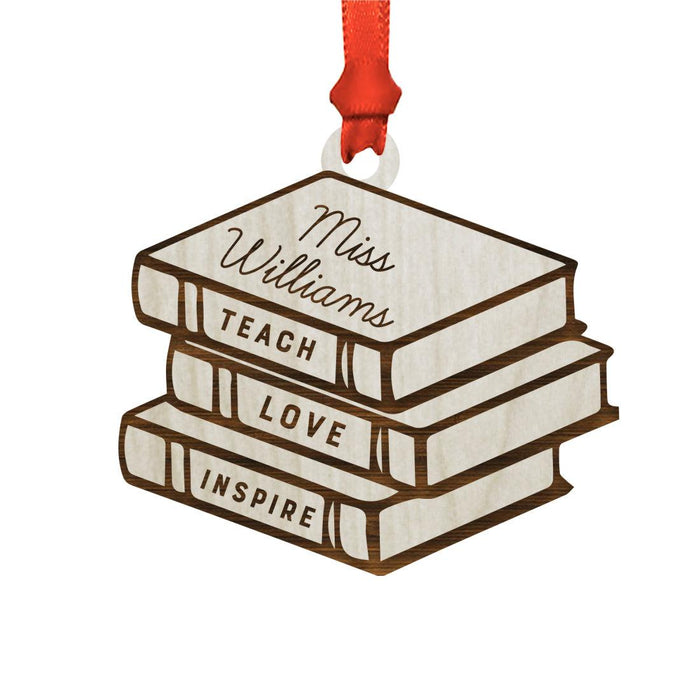Custom Teacher's Name Engraved Real Natural Wood Christmas Ornament-Set of 1-Andaz Press-Stack of Books-