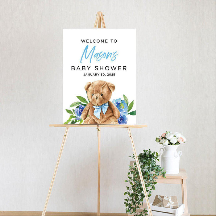 Custom Teddy Bear Baby Shower Canvas Welcome Signs-Set of 1-Andaz Press-Baby Blue Teddy Bear-