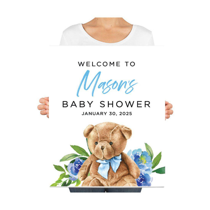 Custom Teddy Bear Baby Shower Canvas Welcome Signs-Set of 1-Andaz Press-Baby Blue Teddy Bear-