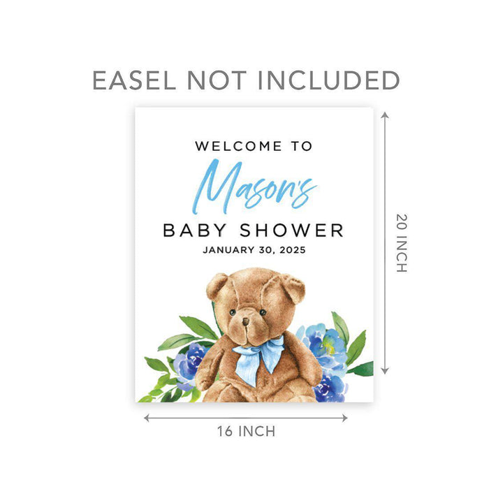 Custom Teddy Bear Baby Shower Canvas Welcome Signs-Set of 1-Andaz Press-Baby Blue Teddy Bear-