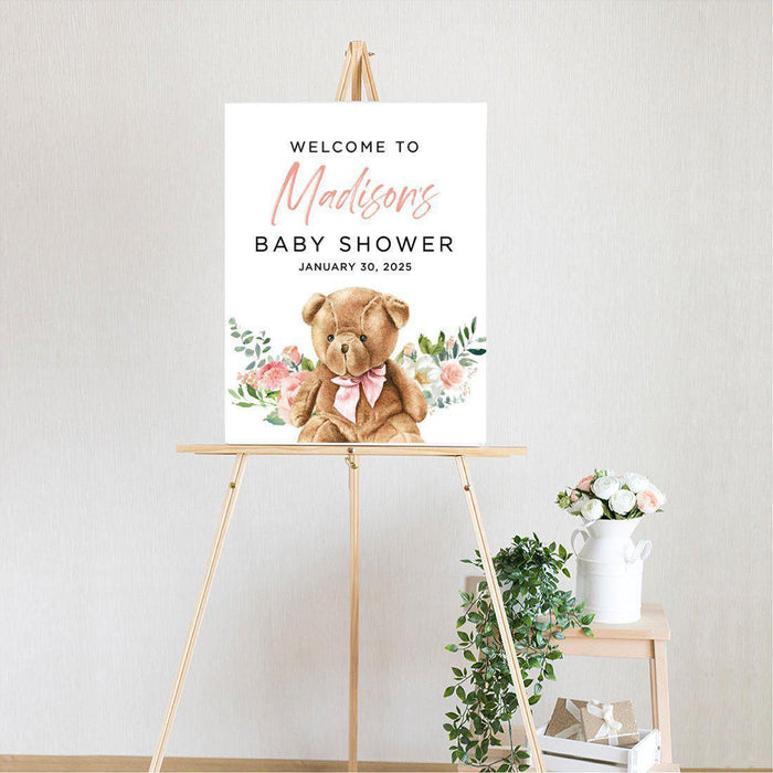 Custom Teddy Bear Baby Shower Canvas Welcome Signs-Set of 1-Andaz Press-Baby Blue Teddy Bear-