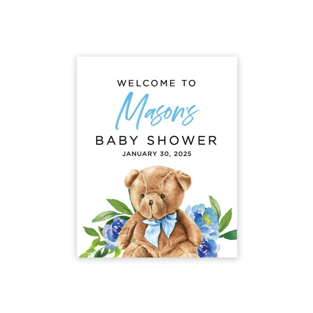 Custom Teddy Bear Baby Shower Canvas Welcome Signs-Set of 1-Andaz Press-Baby Blue Teddy Bear-