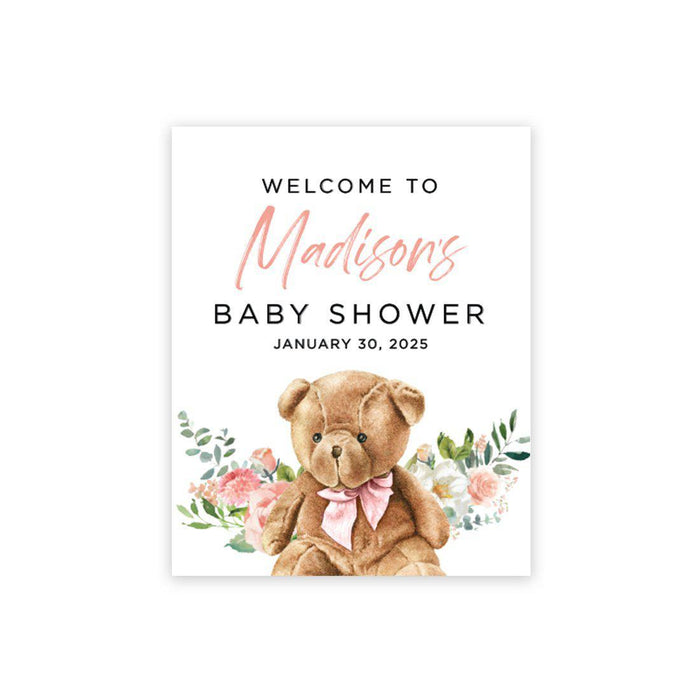 Custom Teddy Bear Baby Shower Canvas Welcome Signs-Set of 1-Andaz Press-Blush Pink Teddy Bear-