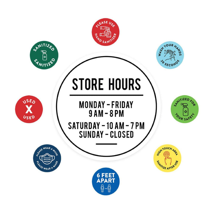 Custom Temporary Store Office Hours for Social Distancing Round Business Signs, Vinyl Sticker Decals-Set of 50-Andaz Press-Custom Temporary Hours-