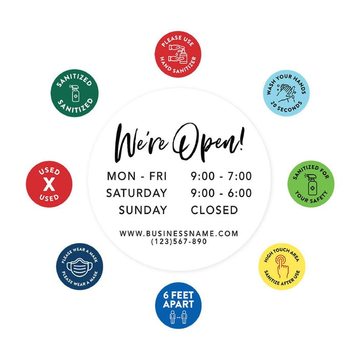 Custom Temporary Store Office Hours for Social Distancing Round Business Signs, Vinyl Sticker Decals-Set of 50-Andaz Press-Custom Temporary Hours-