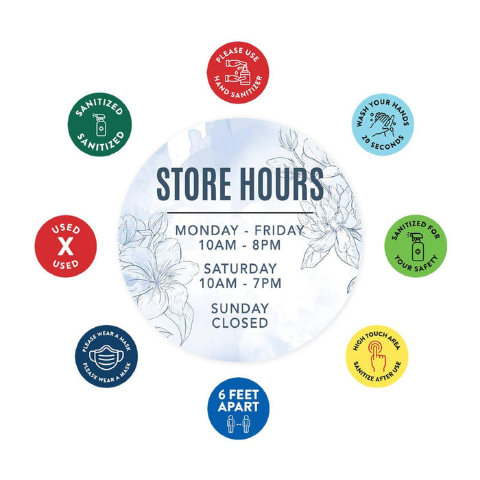 Custom Temporary Store Office Hours for Social Distancing Round Business Signs, Vinyl Sticker Decals-Set of 50-Andaz Press-Custom Temporary Hours-