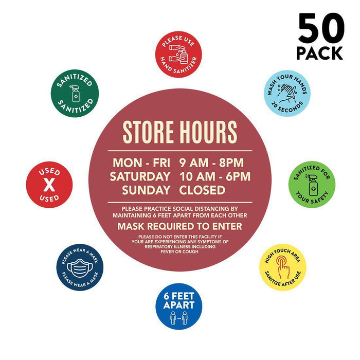 Custom Temporary Store Office Hours for Social Distancing Round Business Signs, Vinyl Sticker Decals-Set of 50-Andaz Press-Custom Temporary Hours-