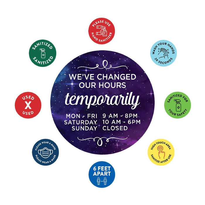 Custom Temporary Store Office Hours for Social Distancing Round Business Signs, Vinyl Sticker Decals-Set of 50-Andaz Press-Custom Temporary Hours-