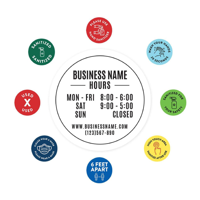 Custom Temporary Store Office Hours for Social Distancing Round Business Signs, Vinyl Sticker Decals-Set of 50-Andaz Press-Business Name Custom-