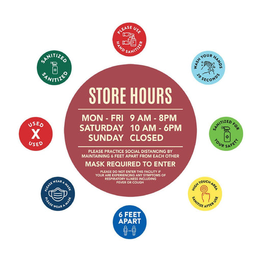 Custom Temporary Store Office Hours for Social Distancing Round Business Signs, Vinyl Sticker Decals-Set of 50-Andaz Press-Custom Temporary Hours-