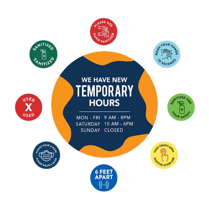 Custom Temporary Store Office Hours for Social Distancing Round Business Signs, Vinyl Sticker Decals-Set of 50-Andaz Press-New Temporary Hours Custom-