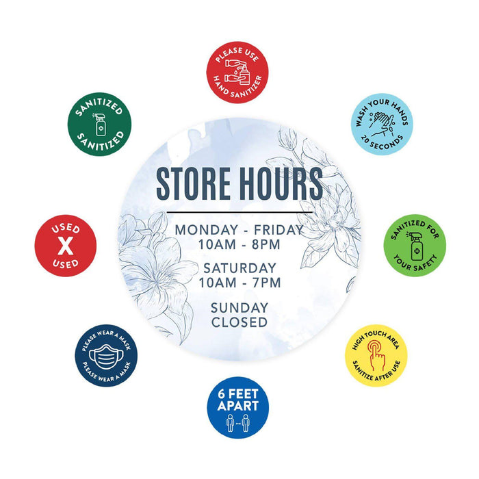 Custom Temporary Store Office Hours for Social Distancing Round Business Signs, Vinyl Sticker Decals-Set of 50-Andaz Press-Store Hours Floral Custom-