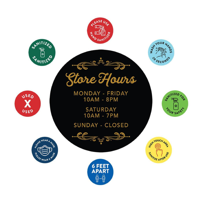 Custom Temporary Store Office Hours for Social Distancing Round Business Signs, Vinyl Sticker Decals-Set of 50-Andaz Press-Store Hours Gold Custom-
