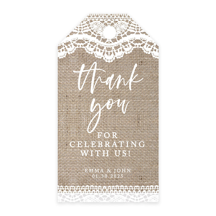 Custom Thank You for Celebrating with Us Wedding Favor Tags with Bakers Twine, 2 x 3.75-Inches-Set of 100-Andaz Press-Burlap Lace-