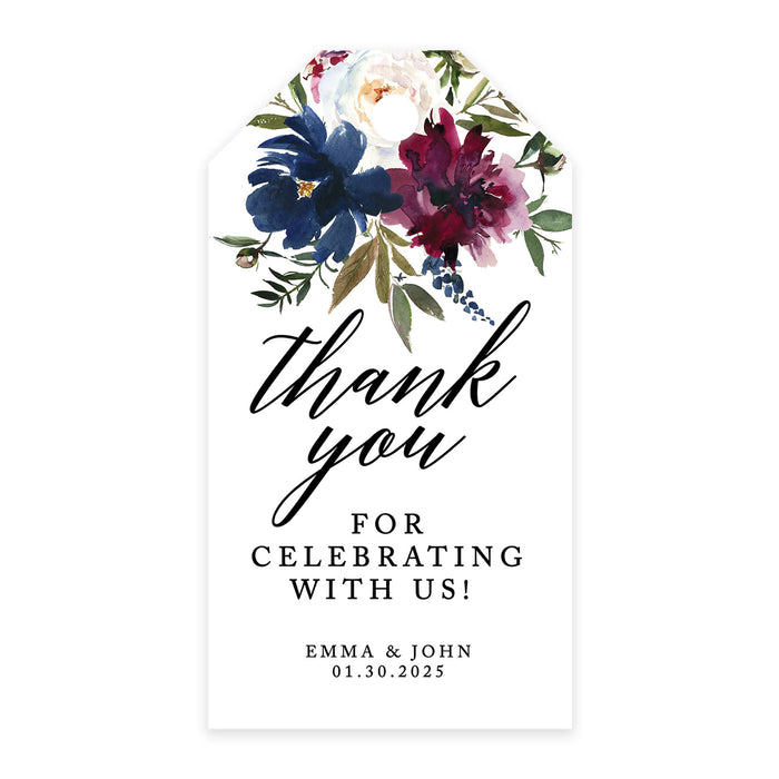 Custom Thank You for Celebrating with Us Wedding Favor Tags with Bakers Twine, 2 x 3.75-Inches-Set of 100-Andaz Press-Navy Blue and Burgundy Florals-