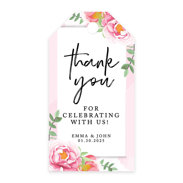 Custom Thank You for Celebrating with Us Wedding Favor Tags with Bakers Twine, 2 x 3.75-Inches-Set of 100-Andaz Press-Pink Peonies-
