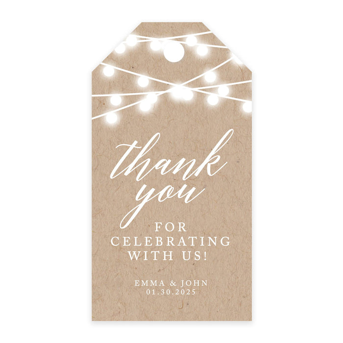 Custom Thank You for Celebrating with Us Wedding Favor Tags with Bakers Twine, 2 x 3.75-Inches-Set of 100-Andaz Press-Rustic String Lights-