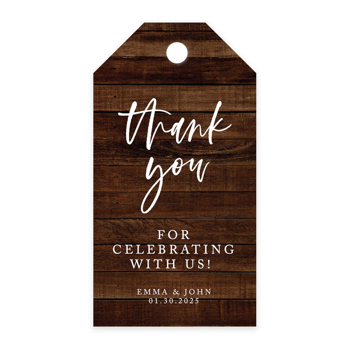 Custom Thank You for Celebrating with Us Wedding Favor Tags with Bakers Twine, 2 x 3.75-Inches-Set of 100-Andaz Press-Rustic Wood-