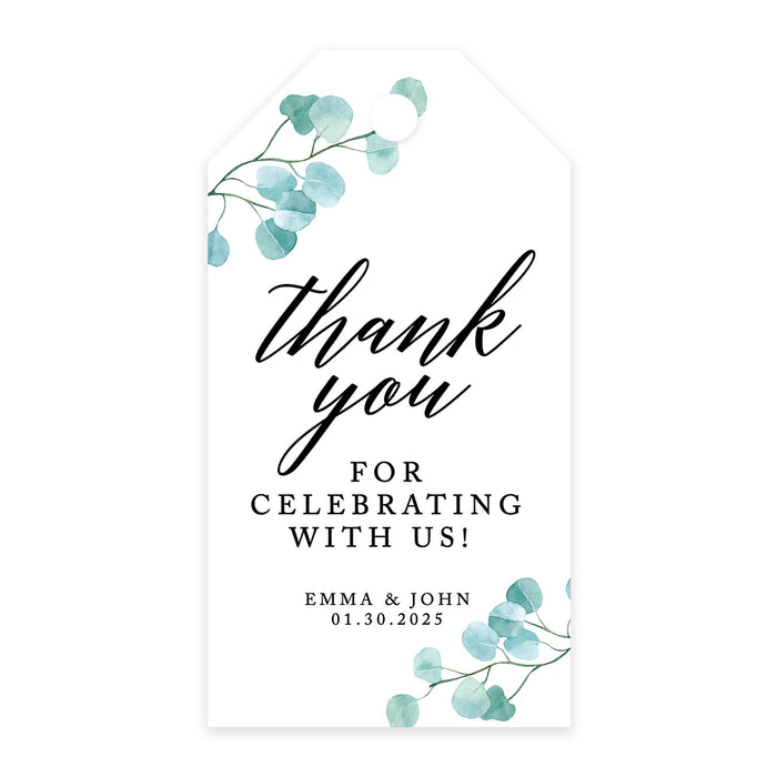 Custom Thank You for Celebrating with Us Wedding Favor Tags with Bakers Twine, 2 x 3.75-Inches-Set of 100-Andaz Press-Silver Dollar Eucalyptus-