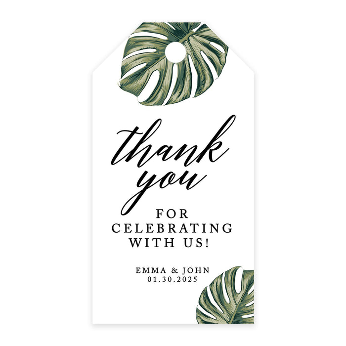 Custom Thank You for Celebrating with Us Wedding Favor Tags with Bakers Twine, 2 x 3.75-Inches-Set of 100-Andaz Press-Tropical Monstera Leaves-