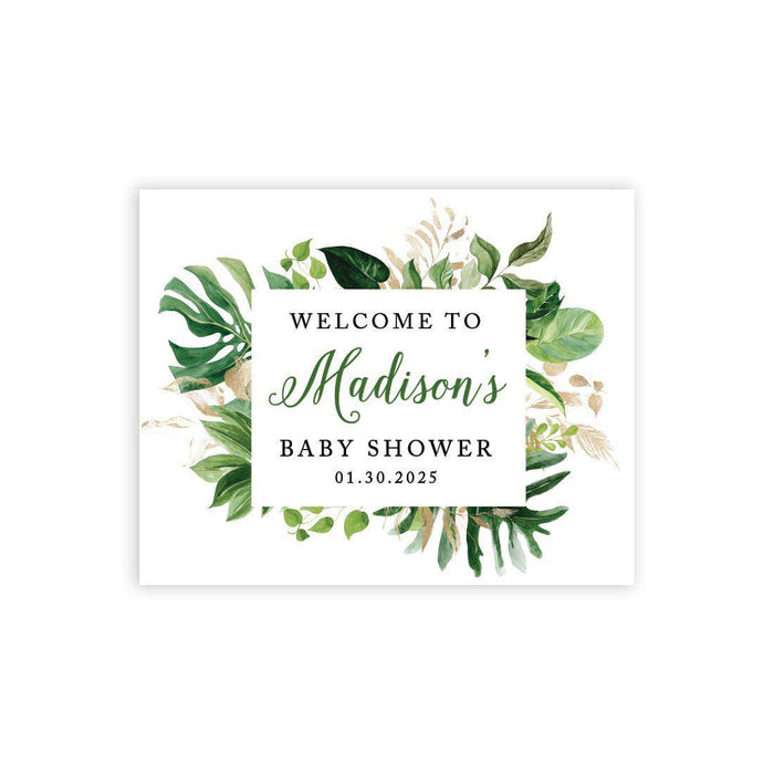 Custom Tropical Baby Shower Canvas Welcome Signs-Set of 1-Andaz Press-Pink Hibiscus Tropical Palm Leaves-