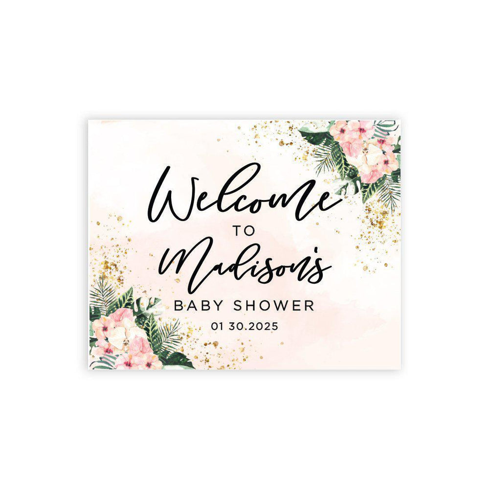 Custom Tropical Baby Shower Canvas Welcome Signs-Set of 1-Andaz Press-Pink Hibiscus Tropical Palm Leaves-