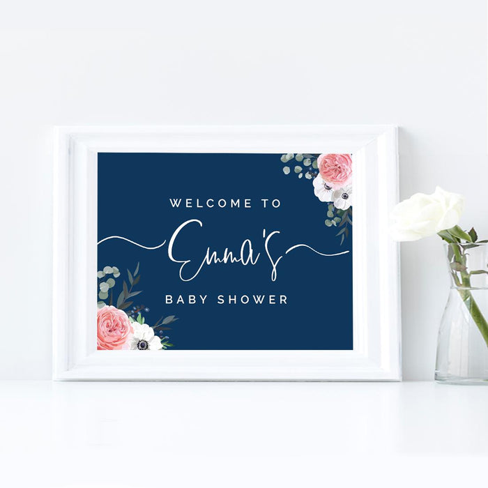 Custom Unframed Winter Navy Blue with Eucalyptus Blossoms Party Sign Baby Shower, Floral Graphic Design-Set of 1-Andaz Press-Welcome Custom-