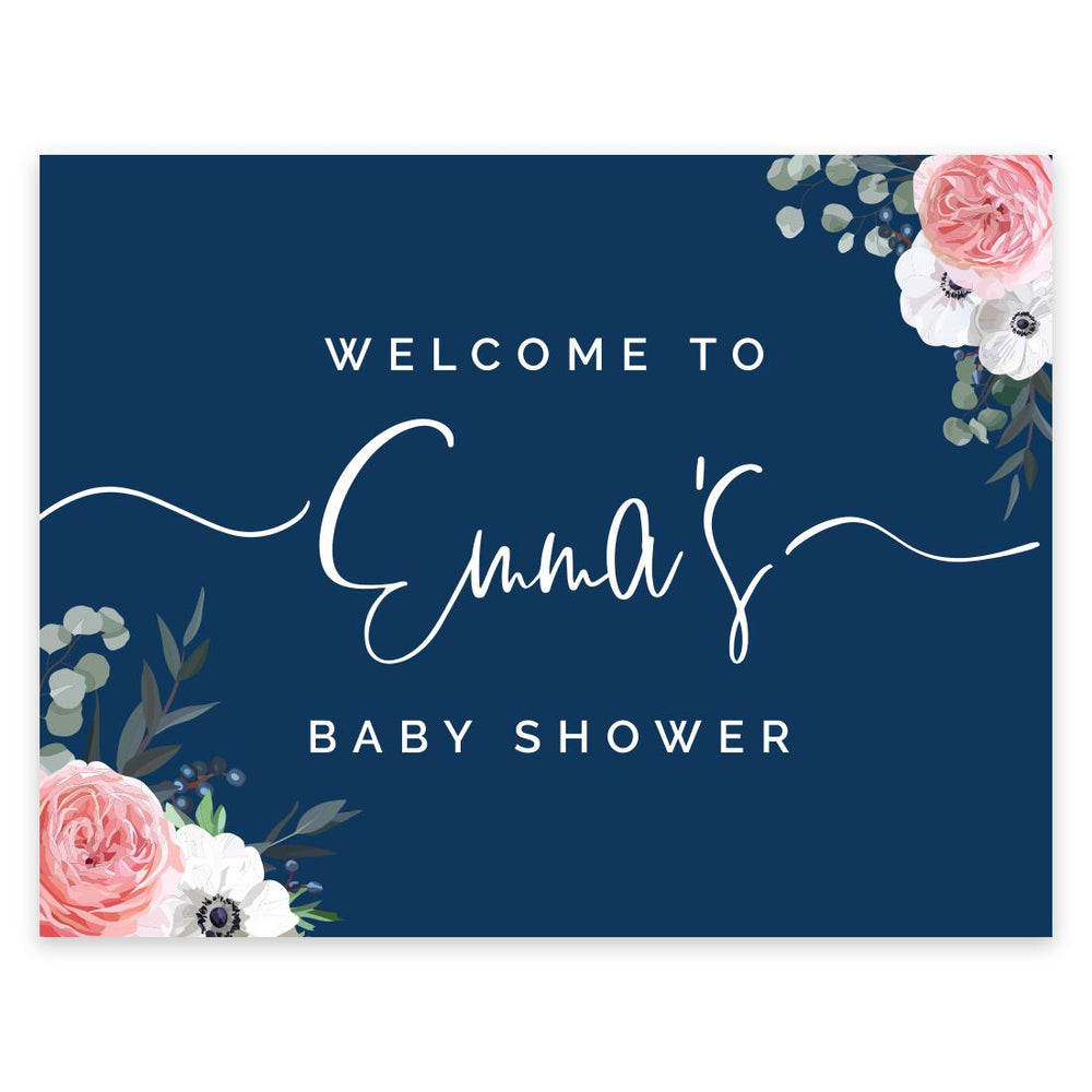 Custom Unframed Winter Navy Blue with Eucalyptus Blossoms Party Sign Baby Shower, Floral Graphic Design-Set of 1-Andaz Press-Welcome Custom-
