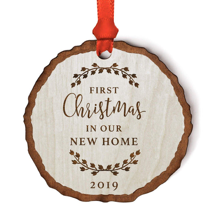 Custom Wedding Engagement Real Wood Rustic Farmhouse Christmas Ornament, Rustic Laurel Leaves-Set of 1-Andaz Press-Engaged-
