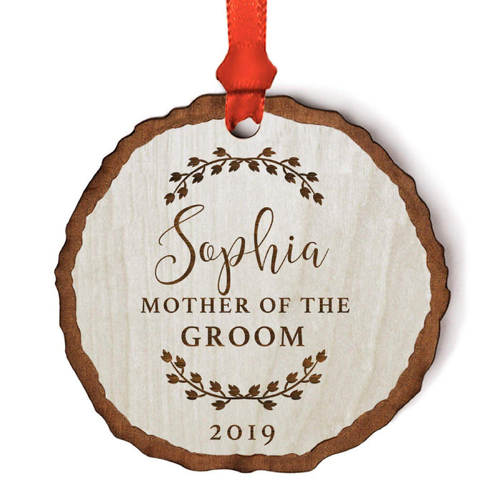 Custom Wedding Engagement Real Wood Rustic Farmhouse Christmas Ornament, Rustic Laurel Leaves-Set of 1-Andaz Press-Engaged-