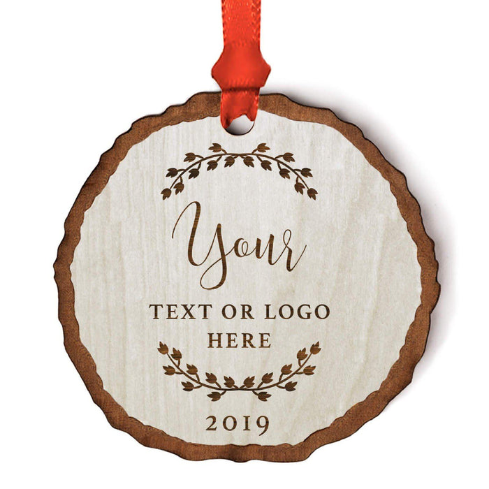 Custom Wedding Engagement Real Wood Rustic Farmhouse Christmas Ornament, Rustic Laurel Leaves-Set of 1-Andaz Press-Engaged-