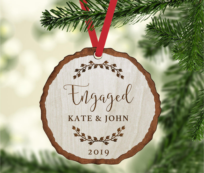 Custom Wedding Engagement Real Wood Rustic Farmhouse Christmas Ornament, Rustic Laurel Leaves-Set of 1-Andaz Press-Engaged-