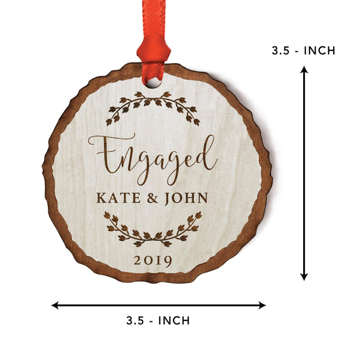 Custom Wedding Engagement Real Wood Rustic Farmhouse Christmas Ornament, Rustic Laurel Leaves-Set of 1-Andaz Press-Engaged-