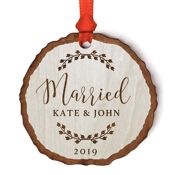 Custom Wedding Engagement Real Wood Rustic Farmhouse Christmas Ornament, Rustic Laurel Leaves-Set of 1-Andaz Press-Engaged-