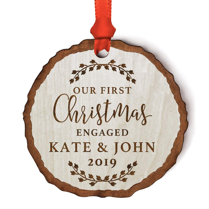 Custom Wedding Engagement Real Wood Rustic Farmhouse Christmas Ornament, Rustic Laurel Leaves-Set of 1-Andaz Press-Engaged-