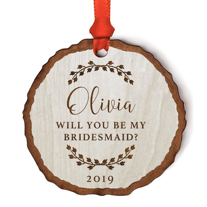 Custom Wedding Engagement Real Wood Rustic Farmhouse Christmas Ornament, Rustic Laurel Leaves-Set of 1-Andaz Press-Bridesmaid-