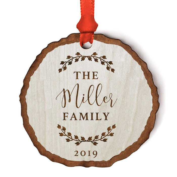 Custom Wedding Engagement Real Wood Rustic Farmhouse Christmas Ornament, Rustic Laurel Leaves-Set of 1-Andaz Press-Family-