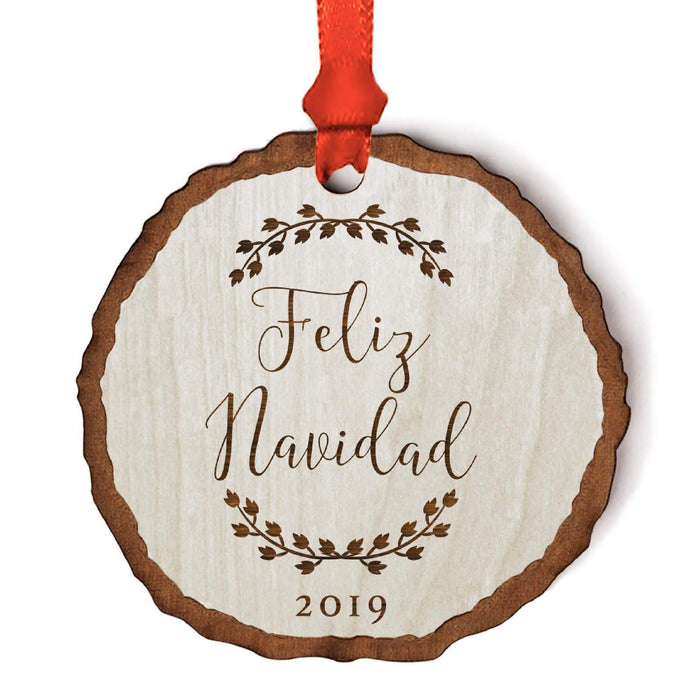 Custom Wedding Engagement Real Wood Rustic Farmhouse Christmas Ornament, Rustic Laurel Leaves-Set of 1-Andaz Press-Feliz Navidad-