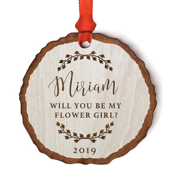 Custom Wedding Engagement Real Wood Rustic Farmhouse Christmas Ornament, Rustic Laurel Leaves-Set of 1-Andaz Press-Flower Girl-