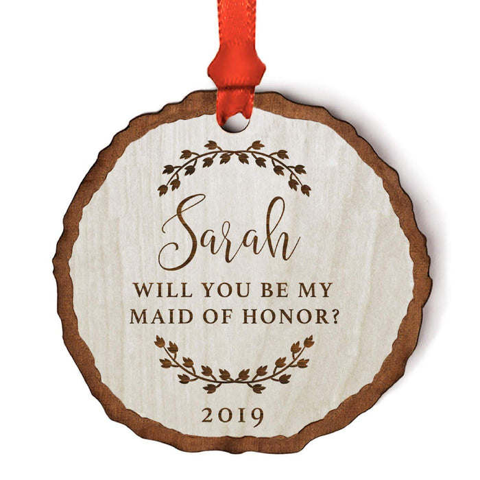 Custom Wedding Engagement Real Wood Rustic Farmhouse Christmas Ornament, Rustic Laurel Leaves-Set of 1-Andaz Press-Maid of Honor-