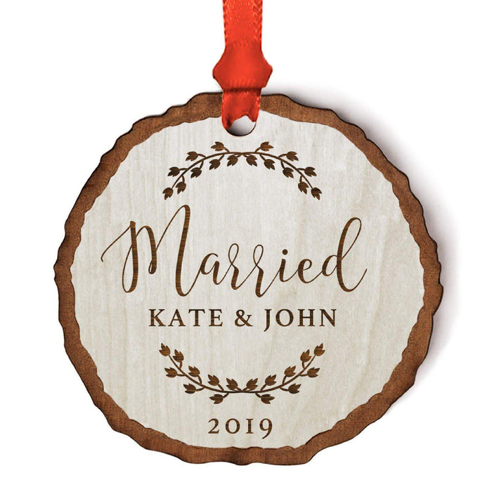 Custom Wedding Engagement Real Wood Rustic Farmhouse Christmas Ornament, Rustic Laurel Leaves-Set of 1-Andaz Press-Married-