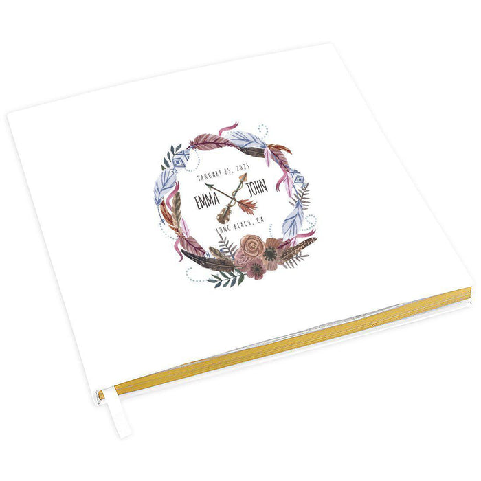 Custom Wedding Guestbook with Gold Accents, White Guest Sign in Registry – 44 Designs-Set of 1-Andaz Press-Boho Feather Wreath-
