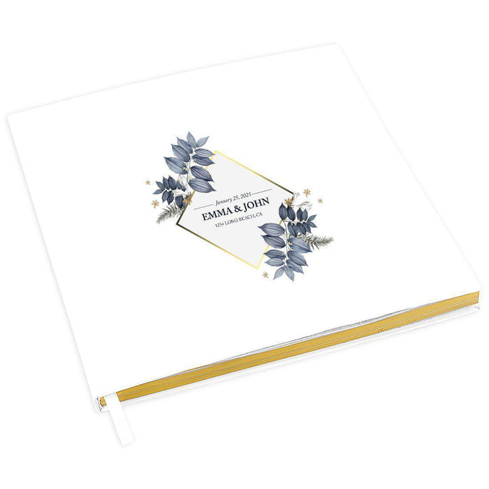 Custom Wedding Guestbook with Gold Accents, White Guest Sign in Registry – 44 Designs-Set of 1-Andaz Press-Geometric Dusty Blue Leaves-