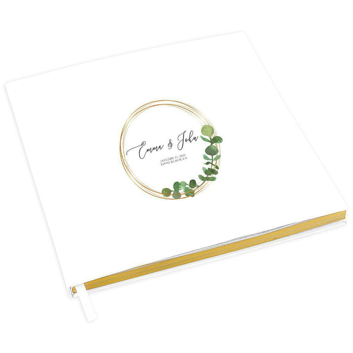 Custom Wedding Guestbook with Gold Accents, White Guest Sign in Registry – 44 Designs-Set of 1-Andaz Press-Round Gold Frame with Eucalyptus Stem-