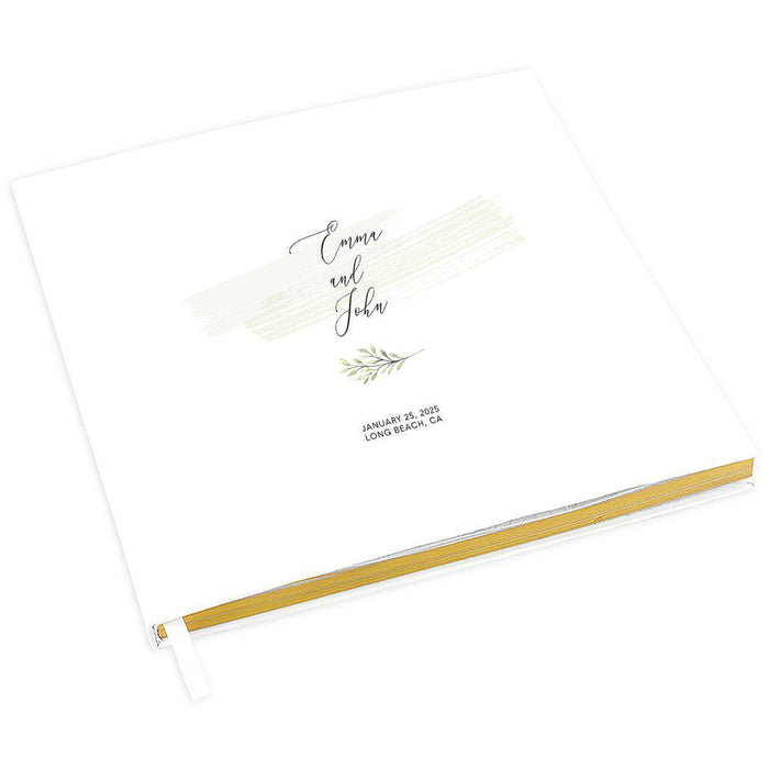 Custom Wedding Guestbook with Gold Accents, White Guest Sign in Registry – 44 Designs-Set of 1-Andaz Press-Watercolor Stem Leaf Design-